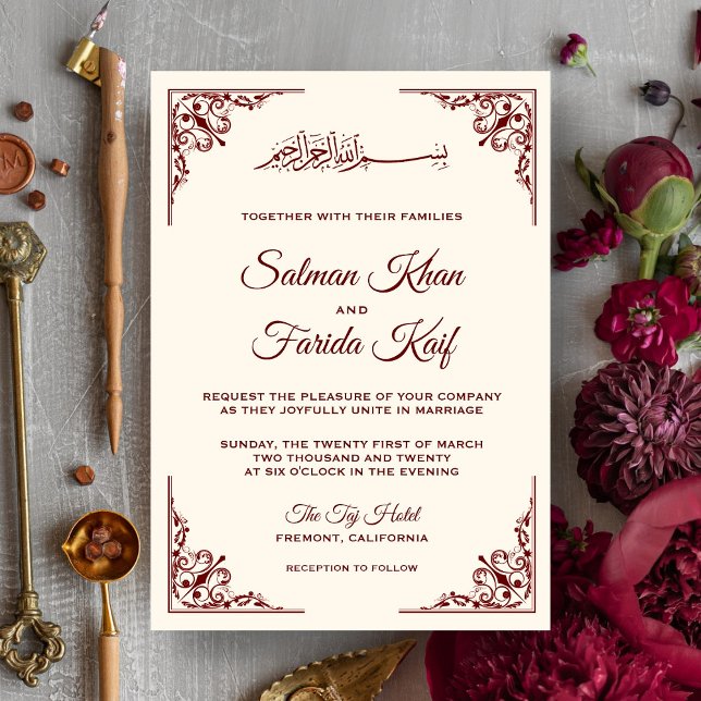 Invitation Elégante crème et Bourgogne musulmane Mariage musu (Créateur téléchargé)