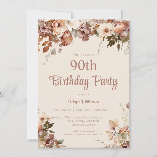 Invitation Elégante Crème et rose 90ème anniversaire floral (Devant)