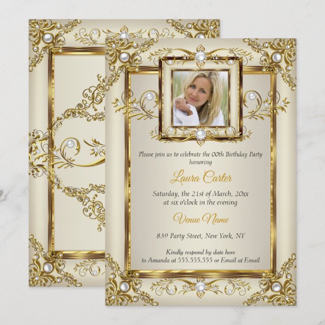 Invitation Elégante Crème Or Pearl Damask Photo Anniversaire (Devant / Derrière)