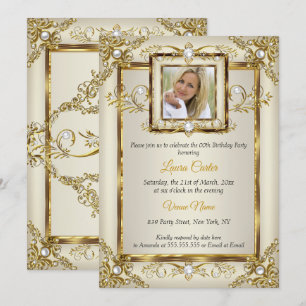 Invitation Elégante Crème Or Pearl Damask Photo Anniversaire