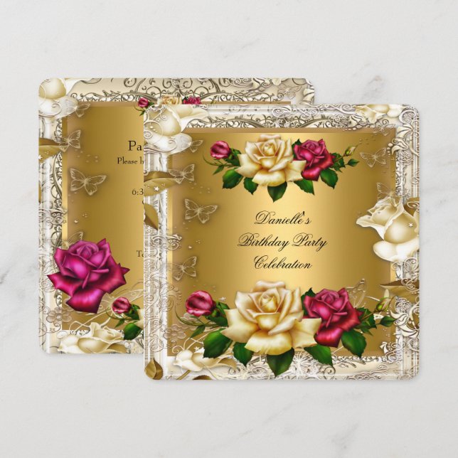 Invitation Elégante Crème Or Rose Rouge Roses Anniversaire (Devant / Derrière)