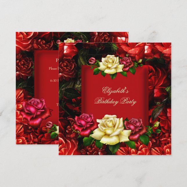 Invitation Elégante Crème Rouge Fleurs d'or Anniversaire 2 (Devant / Derrière)