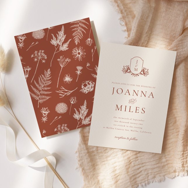 Invitation Elégante Crème & Terracotta Floral Monogram Crest (Créateur téléchargé)