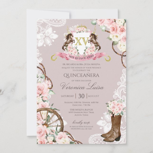 Invitation Élégante crête de cheval rose gris charro Quincean (Devant)