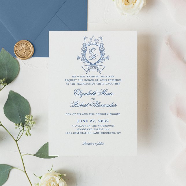 Invitation Élégante crête de Monogramme Bleu Mariage traditio (Créateur téléchargé)