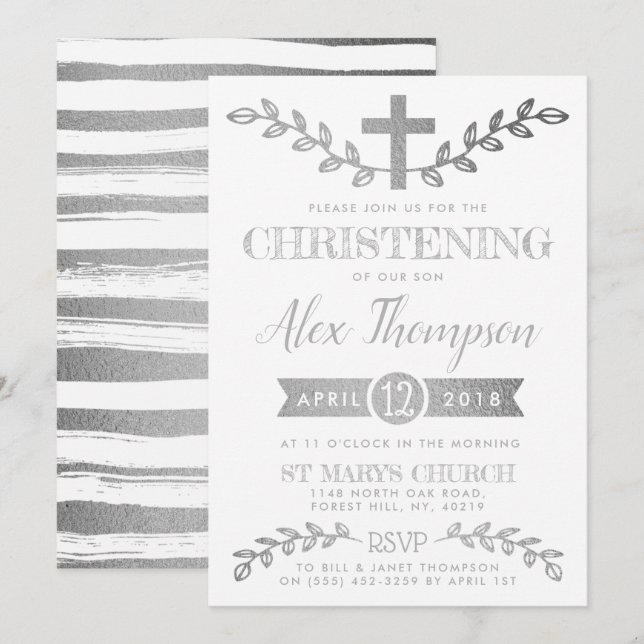 Invitation Elégante croix à huile d'argent & Foliage Christen (Devant / Derrière)