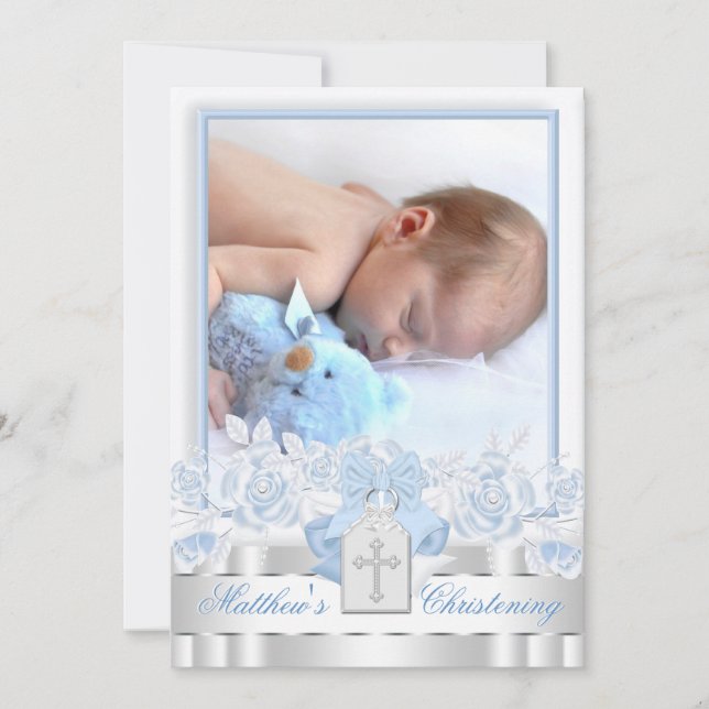 Invitation Elégante Croix Bleue Bébé Photo Christening (Devant)