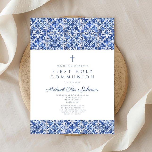 Invitation Elégante Croix Bleue Carreaux Garçon Première Comm (Elegant Cross Blue Tiles Boy First Communion Invitation )