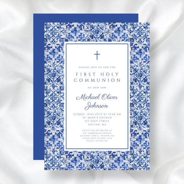 Invitation Elégante Croix Bleue Carreaux Garçon Première Comm (Elegant Cross Blue Tiles Boy First Communion Invitation)