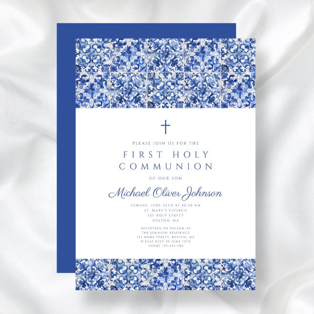 Invitation Elégante Croix Bleue Carreaux Garçon Première Comm (Elegant Cross Blue Tiles Boy First Communion Invitation)