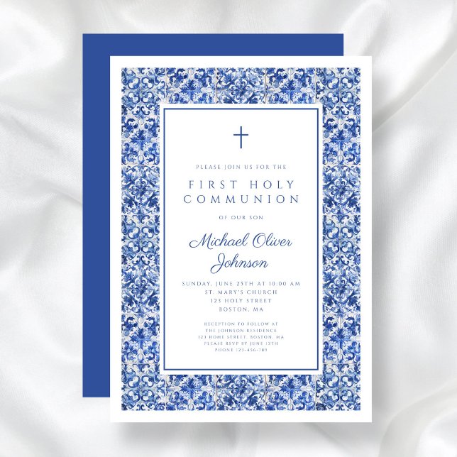 Invitation Elégante Croix Bleue Carreaux Garçon Première Comm (Elegant Cross Blue Tiles Boy First Communion Invitation)