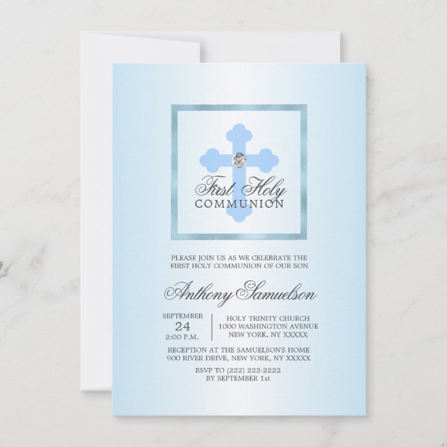 Invitation Elégante Croix Bleue Première Communion Sainte GAR (Devant)
