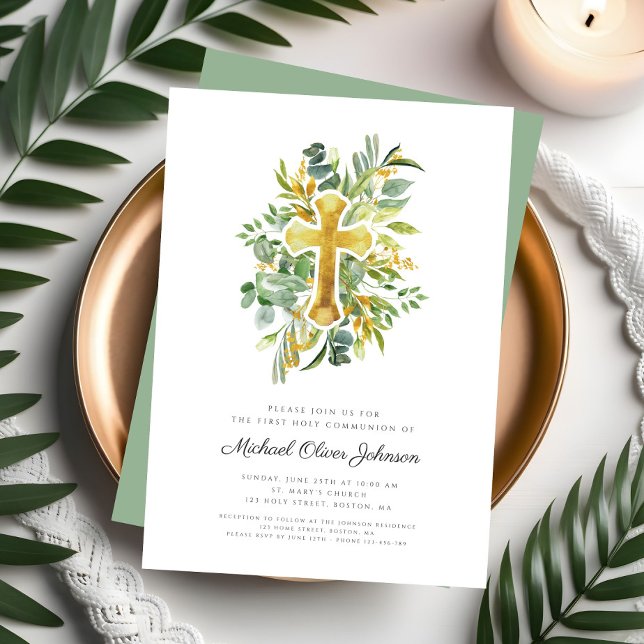 Invitation Elégante Croix Botanique Première Communion (Elegant Botanical Cross First Communion Invitation)