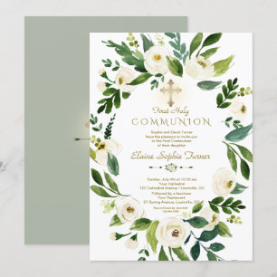 Invitation Élégante Croix de la couronne de fleurs blanches S