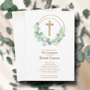 Invitation Elégante Croix de la première communion Eucalyptus