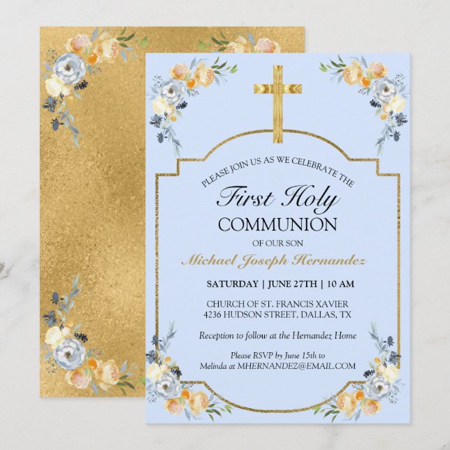 Invitation Elégante Croix d'or Bleu Floral 1ère Sainte Commun (Devant / Derrière)