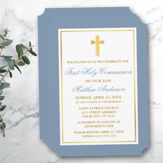 Invitation Elégante Croix d'or Dusty Blue First Communion (Customize to change text size, style, color or to add more text or photos to back of card.)