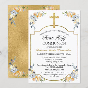Invitation Elégante Croix d'or Floral Première Sainte Communi
