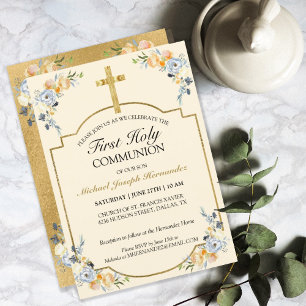 Invitation Elégante Croix d'or Florale 1ère Sainte Communion