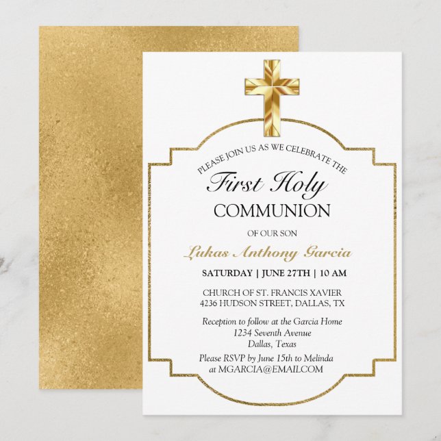 Invitation Elégante Croix d'or Première communion sainte (Devant / Derrière)