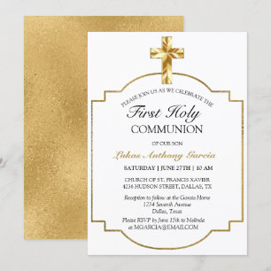 Invitation Elégante Croix d'or Première communion sainte
