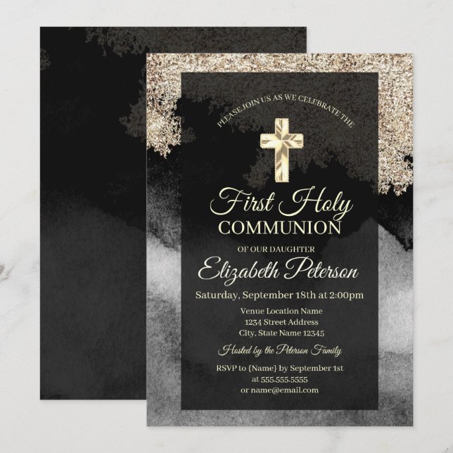 Invitation Elégante Croix d'or Première communion sainte (Devant / Derrière)