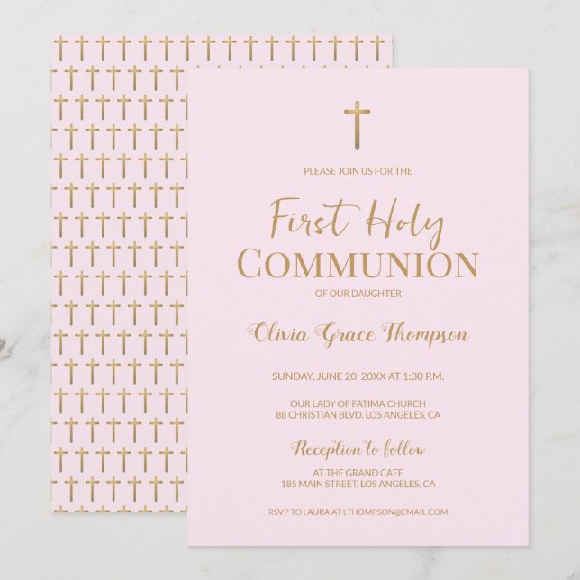 Invitation Elégante Croix d'or rose fille Première communion  (Devant / Derrière)