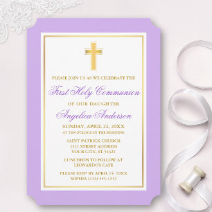 Invitation Elégante Croix d'or Violet Première Communion