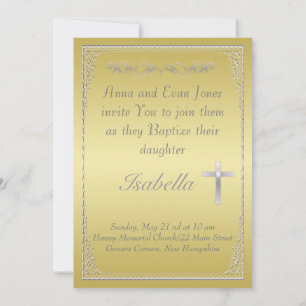 Invitation Élégante croix en damas or et argent Baptême 
