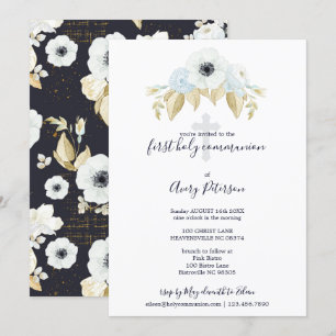 Invitation Elégante Croix Florale Bleue Première Communion Sa