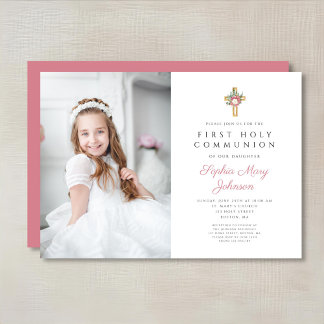 Invitation Elégante Croix Florale Fille Première Communion Ph