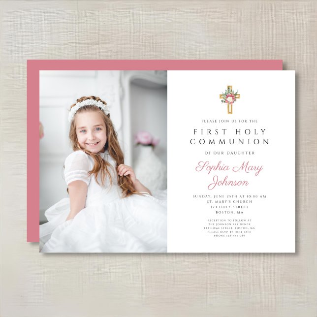 Invitation Elégante Croix Florale Fille Première Communion Ph (Elegant Floral Cross Girl First Communion Photo Invitation)