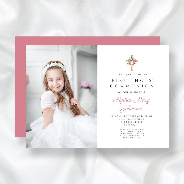 Invitation Elégante Croix Florale Fille Première Communion Ph (Elegant Floral Cross Girl First Communion Photo Invitation)