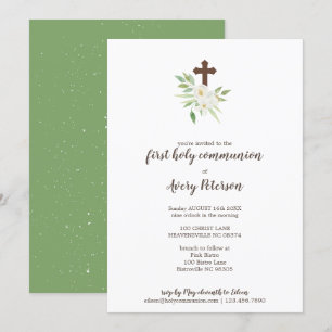 Invitation Elégante Croix Florale Première Communion Sainte