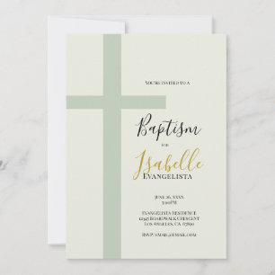 Invitation Élégante Croix Minimaliste Baptême Vert Sauge Or