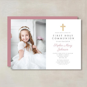Invitation Elégante Croix rose fille photo première communion