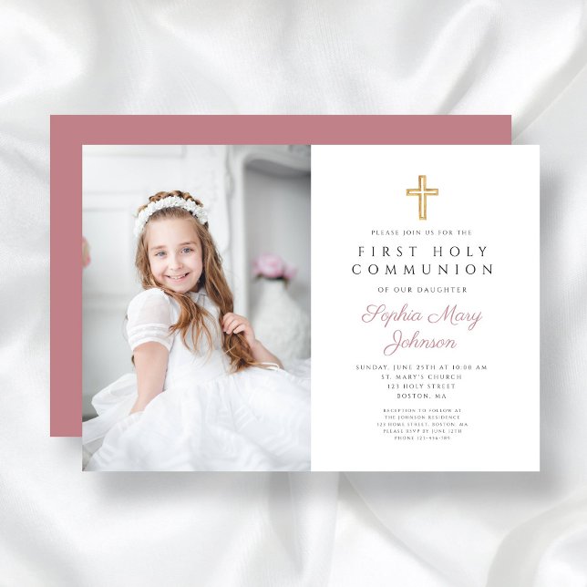 Invitation Elégante Croix rose fille photo première communion (Pink Religious Cross Girl First Communion Photo Invitation)
