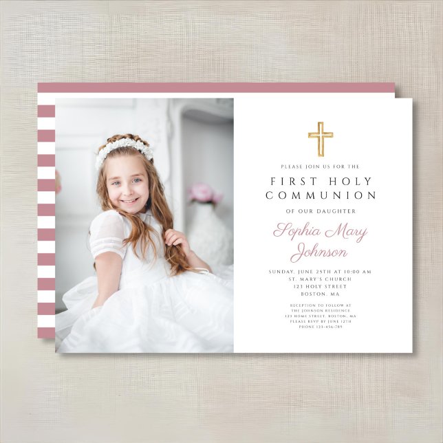 Invitation Élégante Croix rose fille première communion photo (Pink Cross Girl First Communion Photo Invitation)