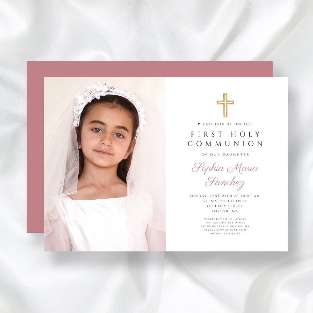 Invitation Élégante Croix rose fille première communion photo (Elegant Pink Cross Girl First Communion Photo Invitation)