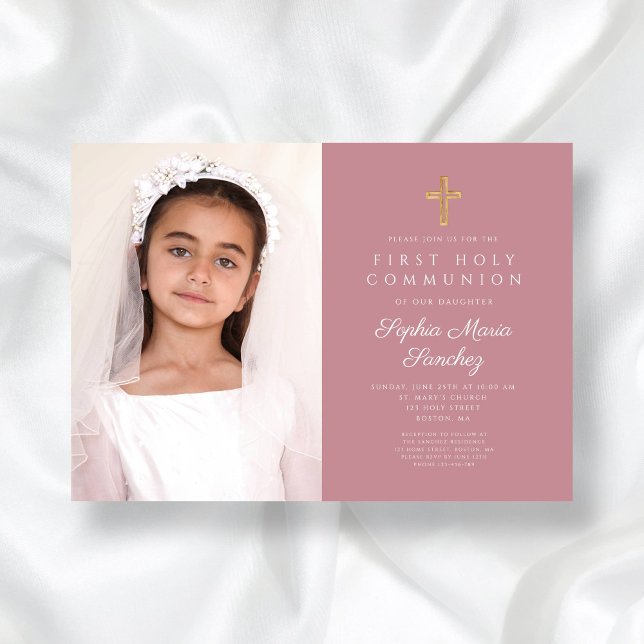 Invitation Élégante Croix rose fille première communion photo (Elegant Pink Cross Girl First Communion Photo Invitation)