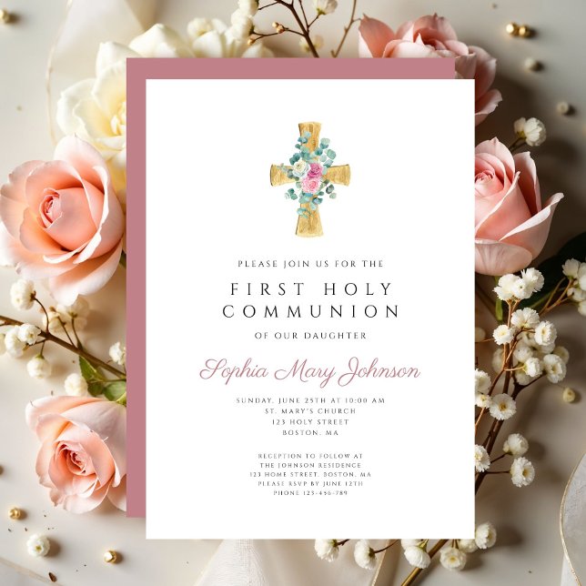 Invitation Elégante Croix rose Florale Première Communion Sai (Elegant Pink Floral Cross First Holy Communion Invitation)