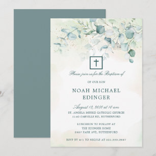 Invitation Elégante croix verdure Eucalyptus Baptême