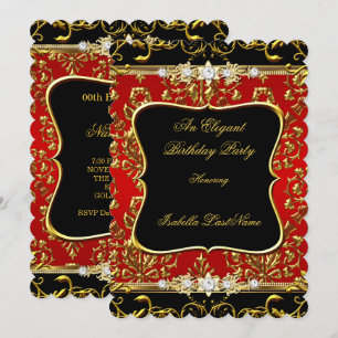 Invitation Elégante Damask Rouge Black Gold fête d'anniversai