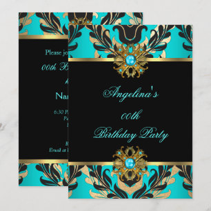 Invitation Elégante Damask Turquoise Blue Gold Black Annivers