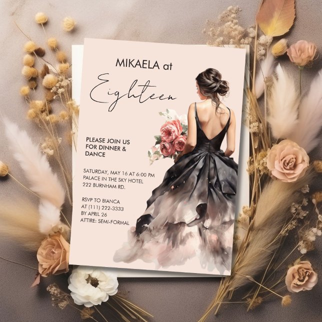 Invitation Élégante dame en Black Gown 18e fête d'anniversair (Créateur téléchargé)