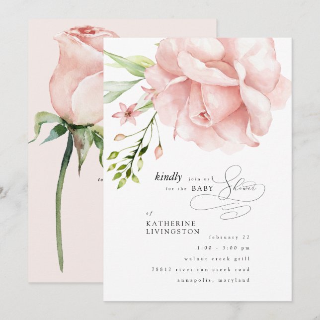 Invitation élégante de Baby shower Floral rose (Devant / Derrière)