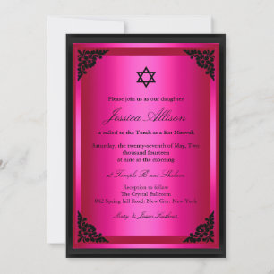 Invitation élégante de Bat mitzvah rose et noir