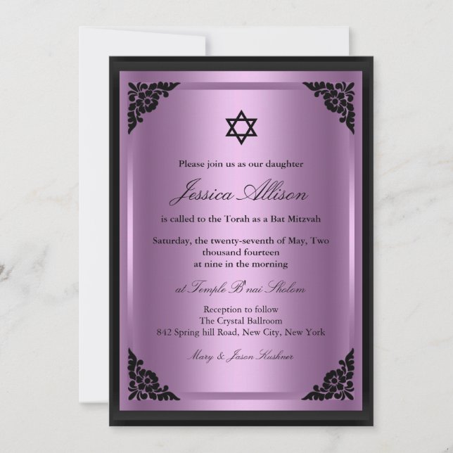 Invitation élégante de Bat mitzvah violet et noir (Devant)