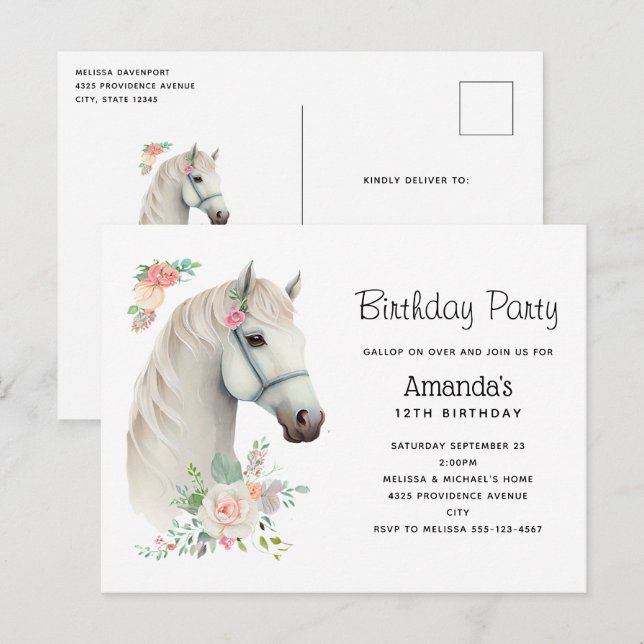 Invitation élégante de cheval blanc boho floral po (Devant / Derrière)