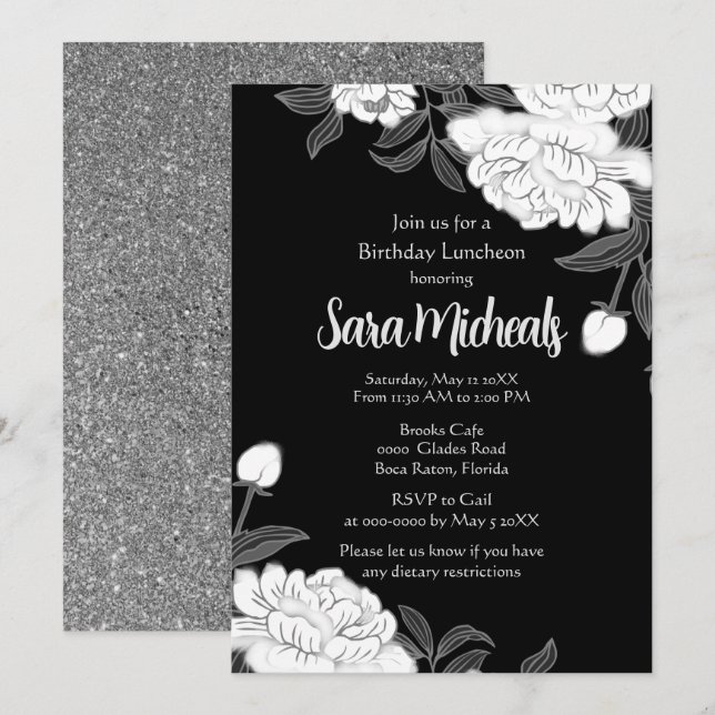 Invitation élégante de déjeuner à fleurs en noir e (Devant / Derrière)